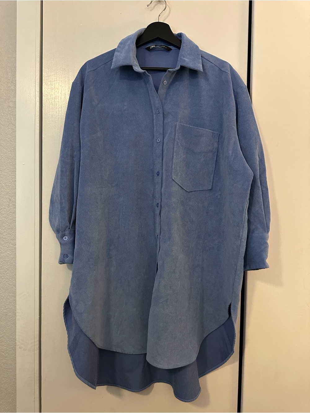 Zara Dusty Blue Corduroy Longline Button-Down Shirt